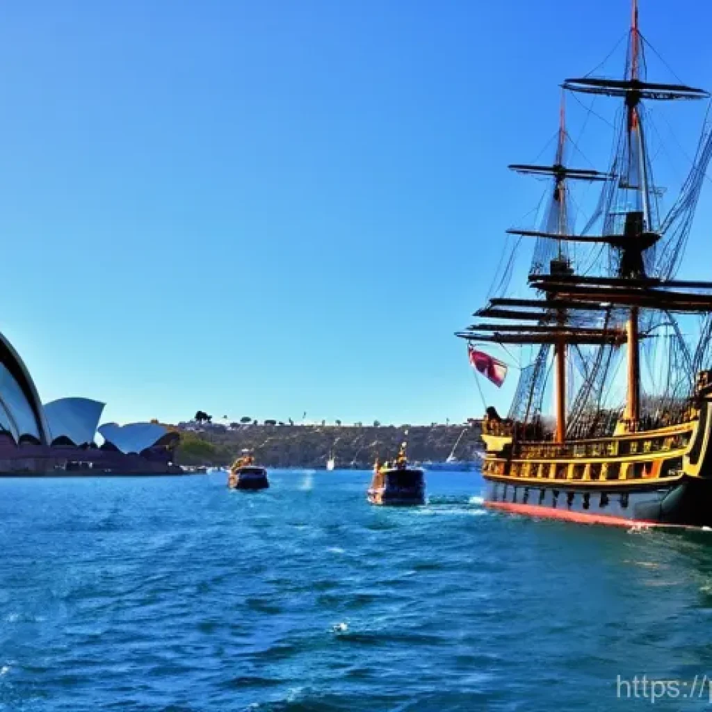 호주의 영국 식민지화 과정 - **Prompt:** A vivid depiction of the First Fleet's arrival at Sydney Cove in January