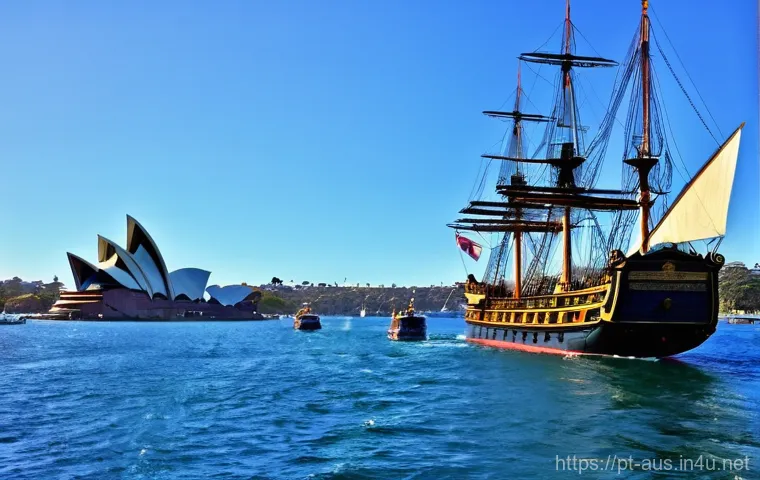 호주의 영국 식민지화 과정 - **Prompt:** A vivid depiction of the First Fleet's arrival at Sydney Cove in January