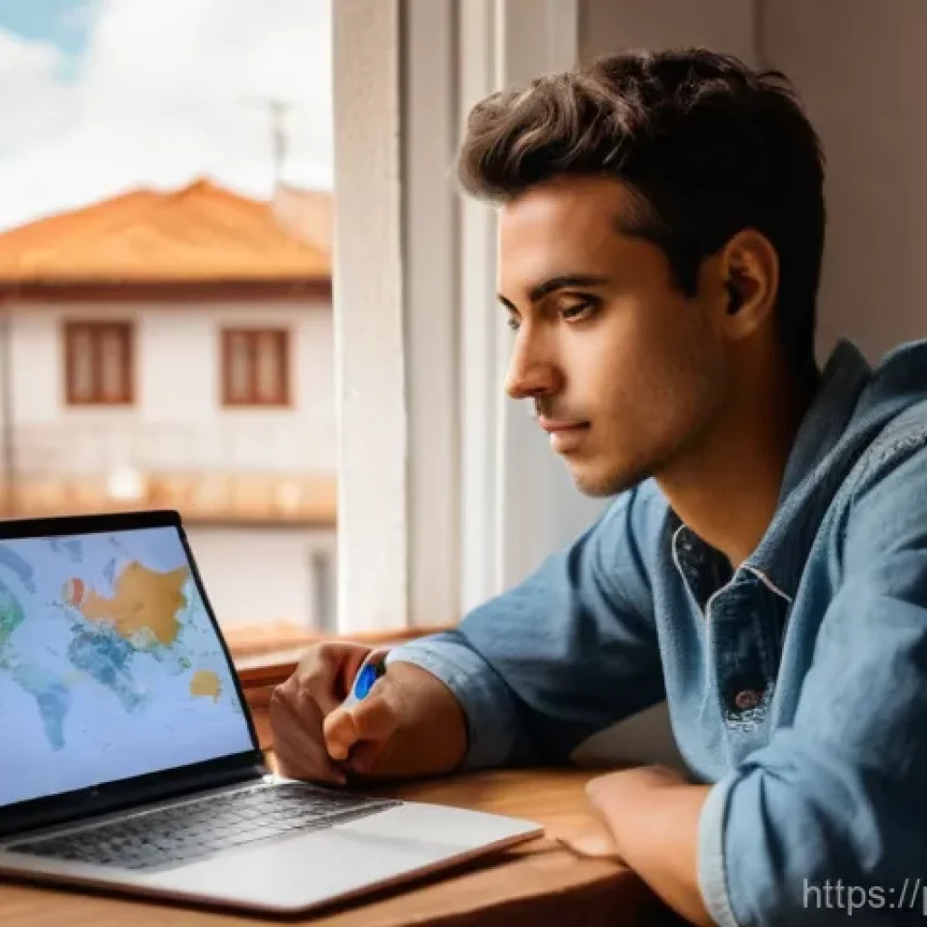 호주 여행 시 입국 심사 팁 - **Prompt:** A Portuguese young adult in their late 20s sits at a wooden desk in a cozy, well-lit roo...