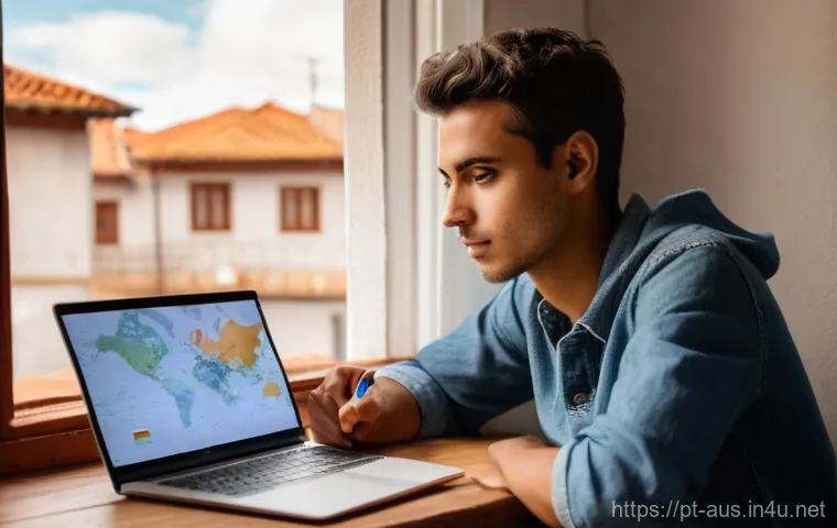 호주 여행 시 입국 심사 팁 - **Prompt:** A Portuguese young adult in their late 20s sits at a wooden desk in a cozy, well-lit roo...