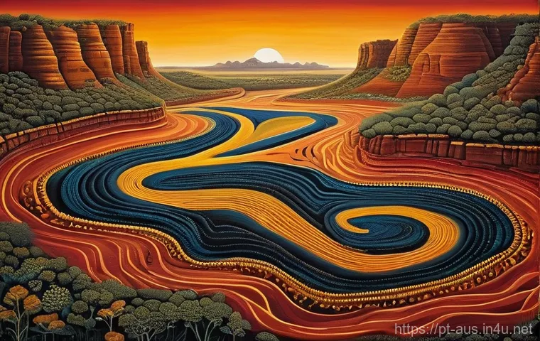 오스트레일리아 원주민 미술 - **Aboriginal Dreamtime Abstraction:** A vibrant and complex abstract painting, rich with the spiritu...