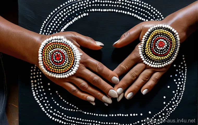 오스트레일리아 원주민 미술 - **Ancestral Journey Landscape:** A detailed Aboriginal artwork depicting an expansive Australian lan...