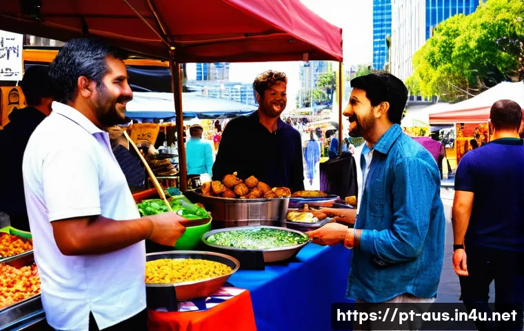 호주 내 다문화 사회와 언어 다양성 - A vibrant multicultural street market scene in Sydney, showcasing diverse people of various ethnic b...