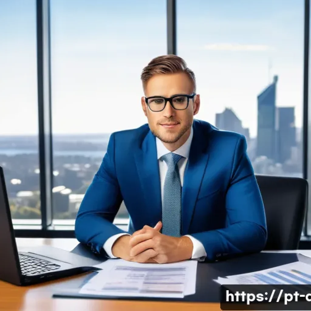 호주에서 세금 신고 및 환급 절차 - A professional Australian tax consultant sitting at a modern office desk with dual computer monitors...