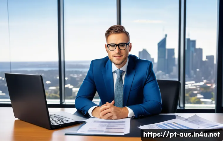 호주에서 세금 신고 및 환급 절차 - A professional Australian tax consultant sitting at a modern office desk with dual computer monitors...