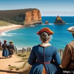 Home 21 호주 독립과 연방 형성 - A detailed historical scene depicting British colonizers arriving on Australian shores in the late 1...