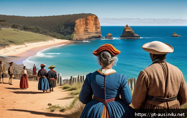 호주 독립과 연방 형성 - A detailed historical scene depicting British colonizers arriving on Australian shores in the late 1...